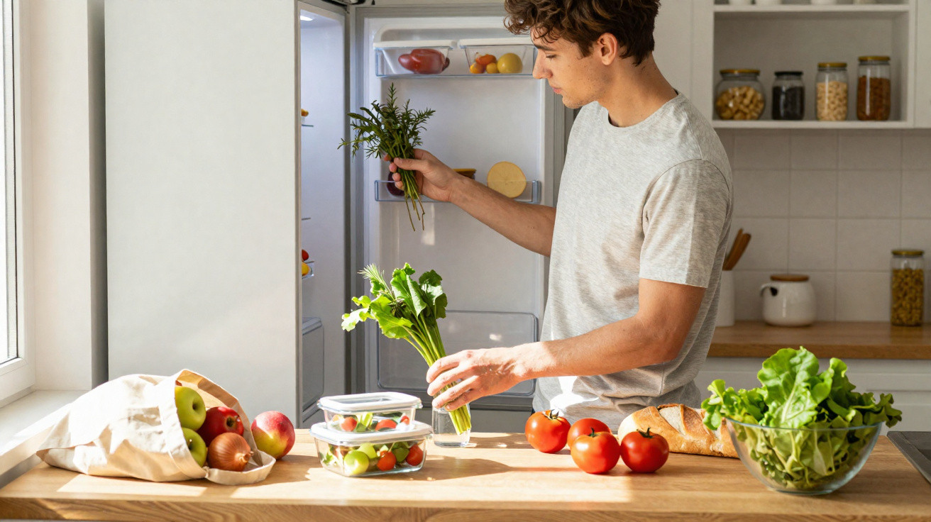 Homem a organizar legumes frescos numa cozinha moderna, com luz natural a entrar pela janela.