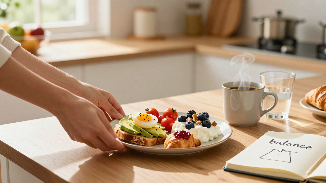 Mãos a colocar prato com tosta de abacate e ovo, croissant, frutas, chá quente e copo de água numa mesa de cozinha.