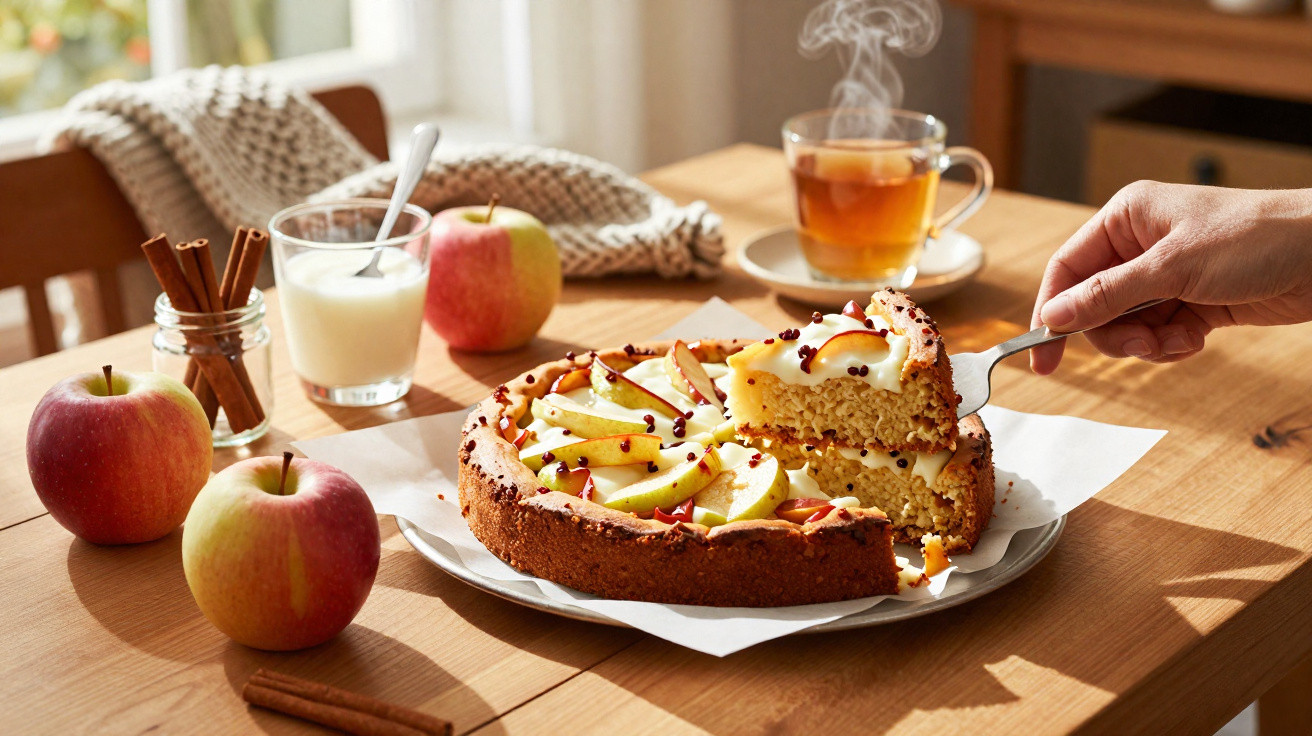 Mesa em madeira com tarte de maçã, chá quente, maçãs frescas, canela e iogurte natural.
