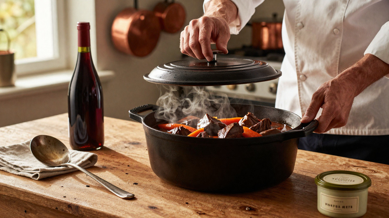 Chef a levantar tampa de panela de ferro fundido com guisado de carne e legumes numa cozinha rústica.