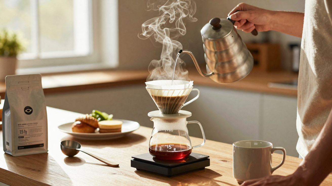Pessoa a preparar café por método de filtro com água quente numa cozinha iluminada.