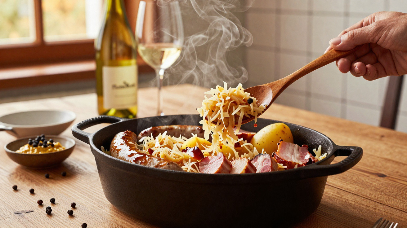 Tacho com salsichas, batatas, carne e queijo quente a ser mexido com colher de pau numa mesa de madeira.