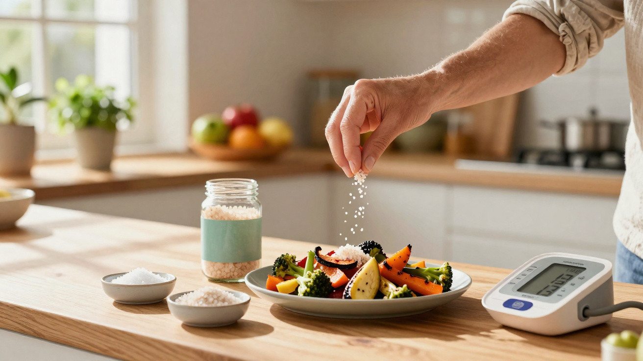 Pessoa a temperar salada de legumes frescos numa cozinha com monitor de pressão arterial próximo.