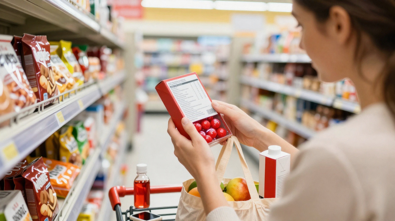 Mulher lê informação nutricional de embalagem no supermercado com carrinho e saco reutilizável cheio.