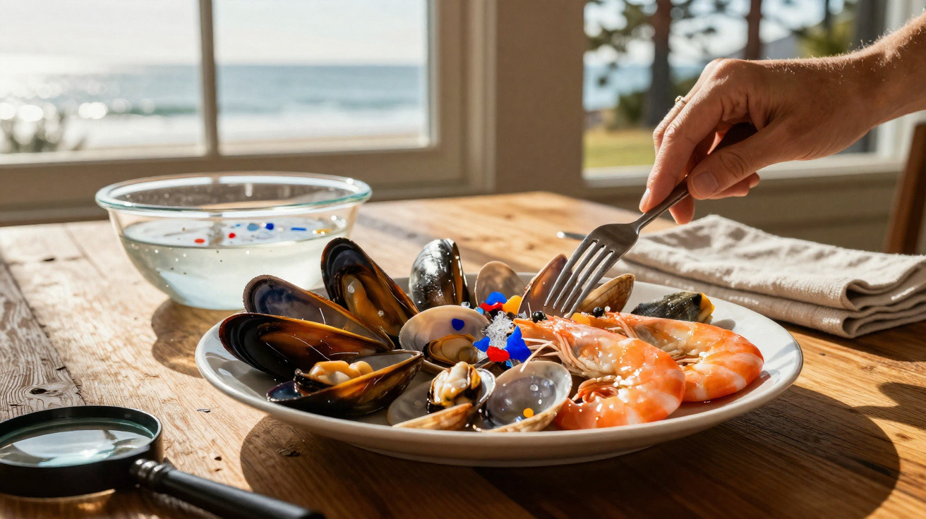 Prato de mariscos com camarões, mexilhões e amêijoas numa mesa de madeira junto a uma janela com vista para o mar.
