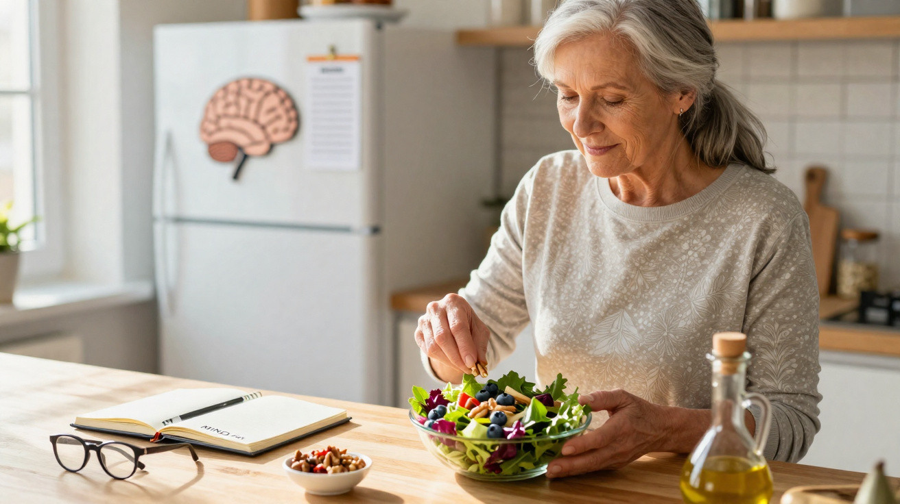 Mulher sénior a preparar uma salada colorida na cozinha, com caderno, óculos e azeite na mesa.