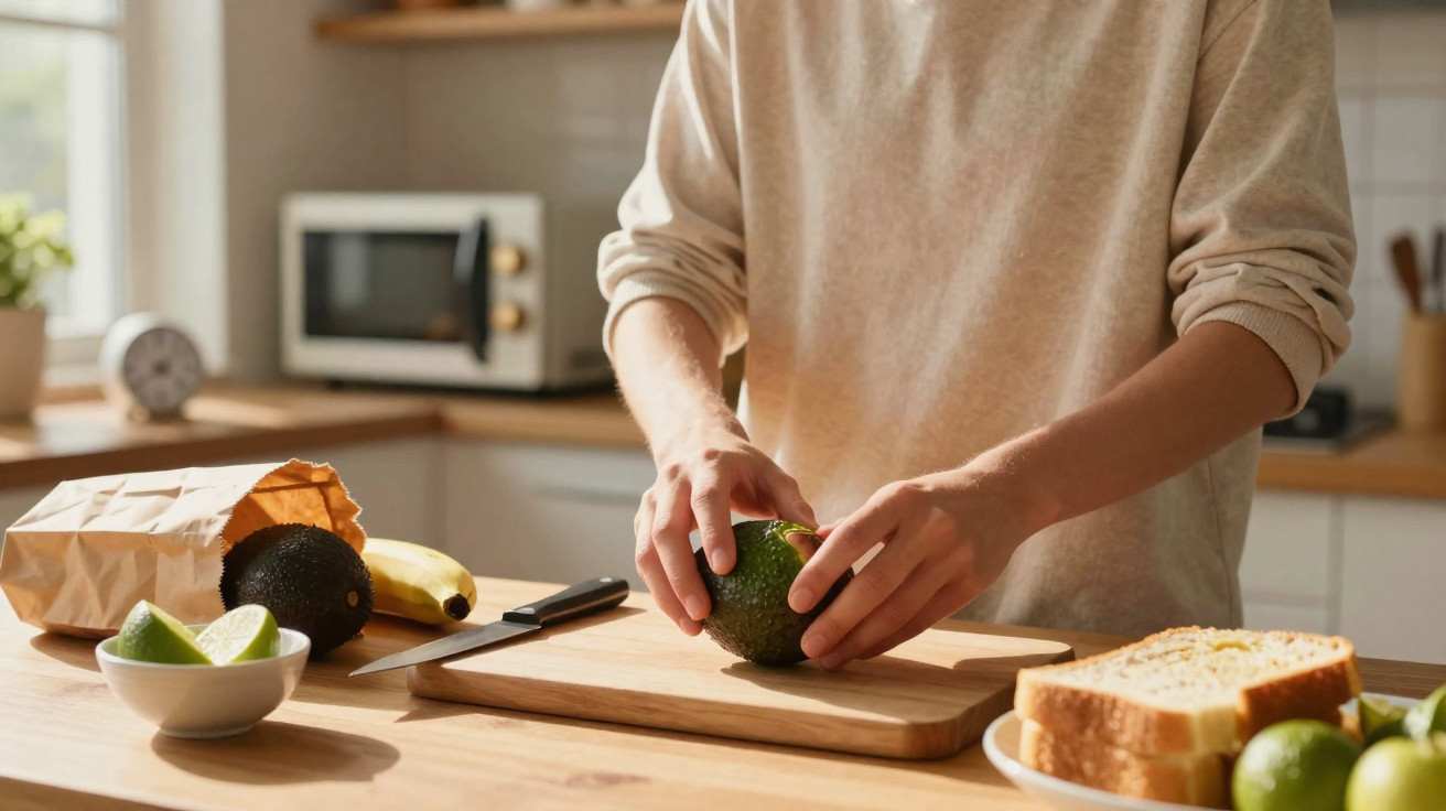 Pessoa a cortar abacate numa cozinha com frutas e pão na bancada iluminada pela luz natural.