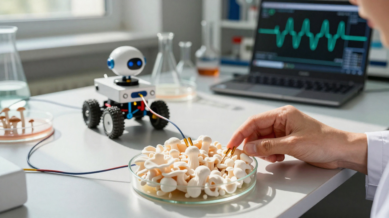 Mão a manipular placa com sensores ligada a robot pequeno, com laptop a mostrar dados biométricos ao fundo.