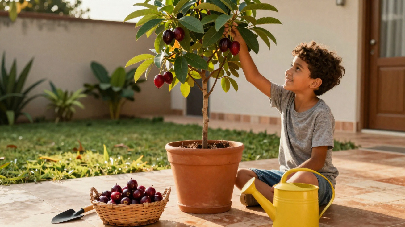 Criança a colher ameixas de uma árvore em vaso no pátio, com regador amarelo e cesta de frutas ao lado.