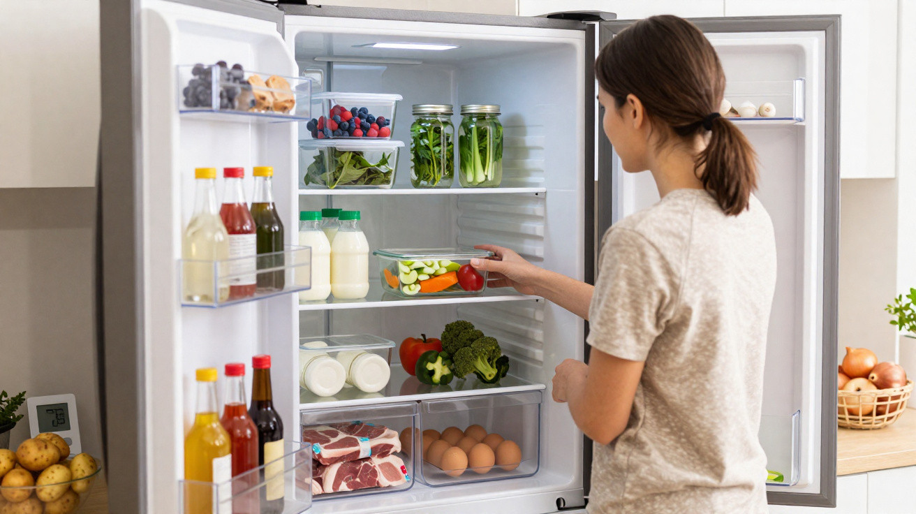 Pessoa a guardar legumes frescos numa caixa dentro de um frigorífico aberto, cheio de alimentos variados.