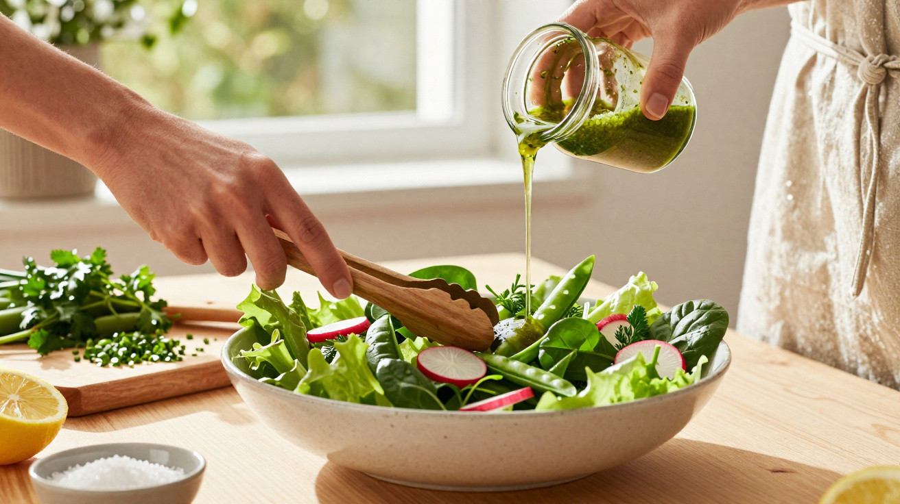 Mãos a temperar uma salada verde com molho pesto num bowl numa cozinha iluminada e arejada.