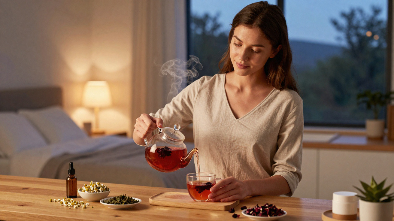 Mulher a servir chá quente numa chávena, sentada numa mesa de madeira com diversas ervas ao redor.