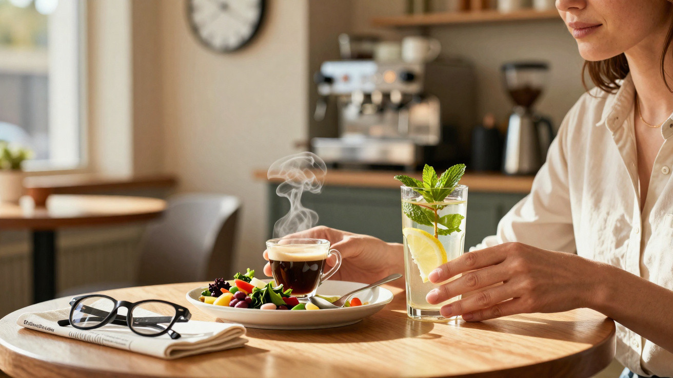 Mulher sentada a uma mesa com café quente, salada, copo de água com limão e hortelã numa esplanada.