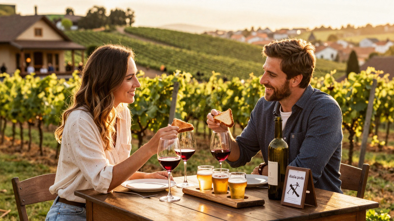 Casal brinda com vinho e pão numa mesa ao ar livre, com vinhas ao fundo ao pôr do sol.