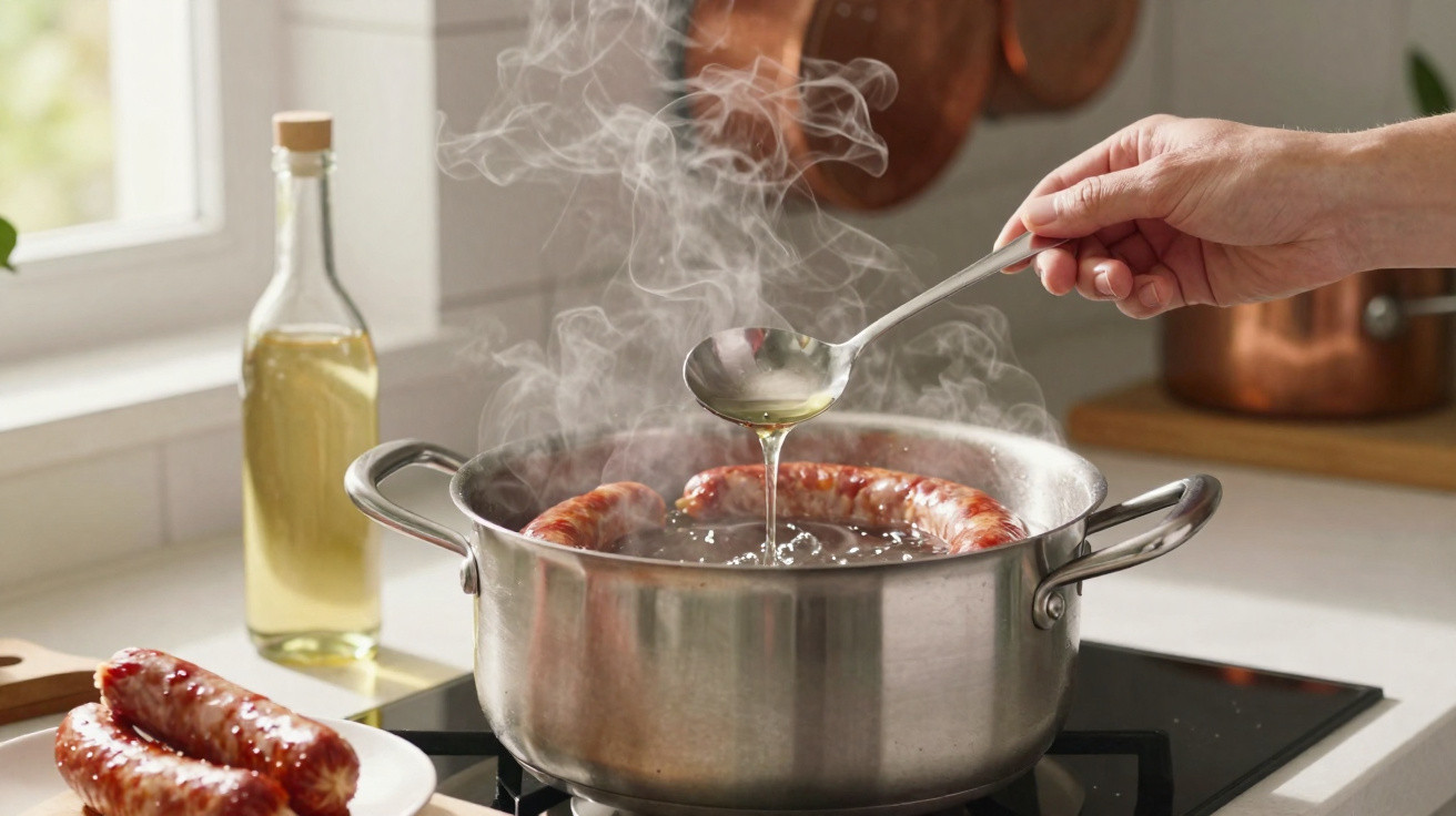 Panela a ferro a ferver com salsichas e uma mão a despejar líquido com colher numa cozinha iluminada.
