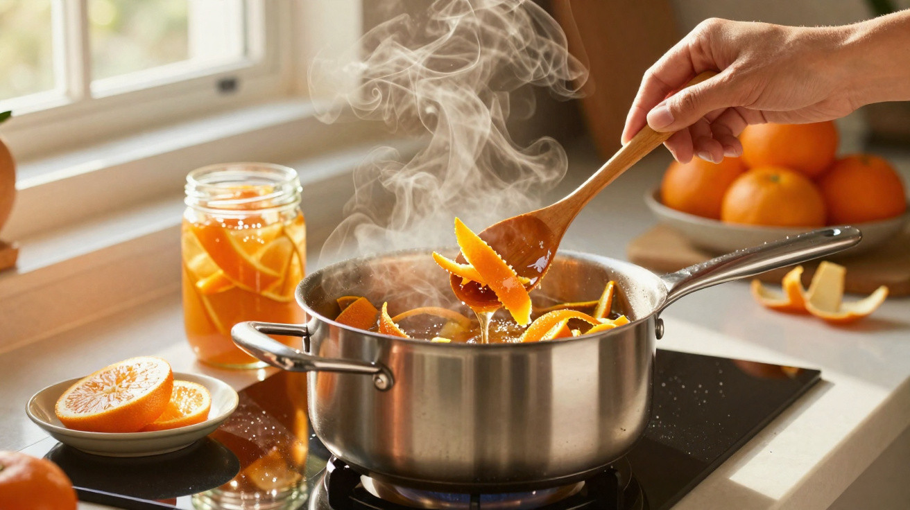 Panela com cascas de laranja a ferver no fogão, ao lado de um frasco e fruta fresca na bancada.