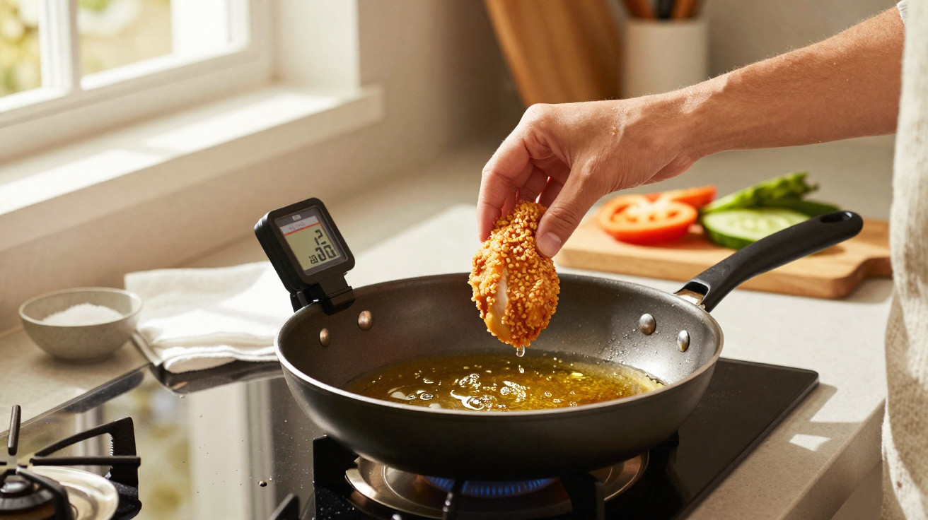 Pessoa a fritar pedaço de frango empanado num tacho com óleo quente em fogão a gás.