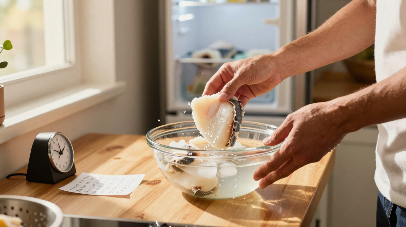 Pessoa a lavar lombos de peixe numa tigela com água na cozinha junto a janela e relógio preto.