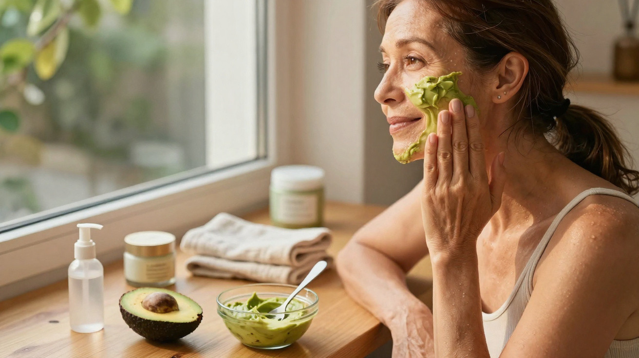 Mulher aplica máscara facial de abacate enquanto está sentada junto à janela numa mesa com cuidados de pele.
