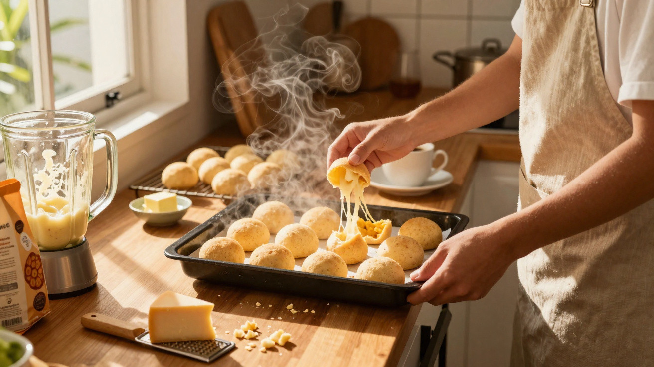 Pessoa a abrir pão de queijo quente com queijo derretido a sair numa cozinha com luz natural.
