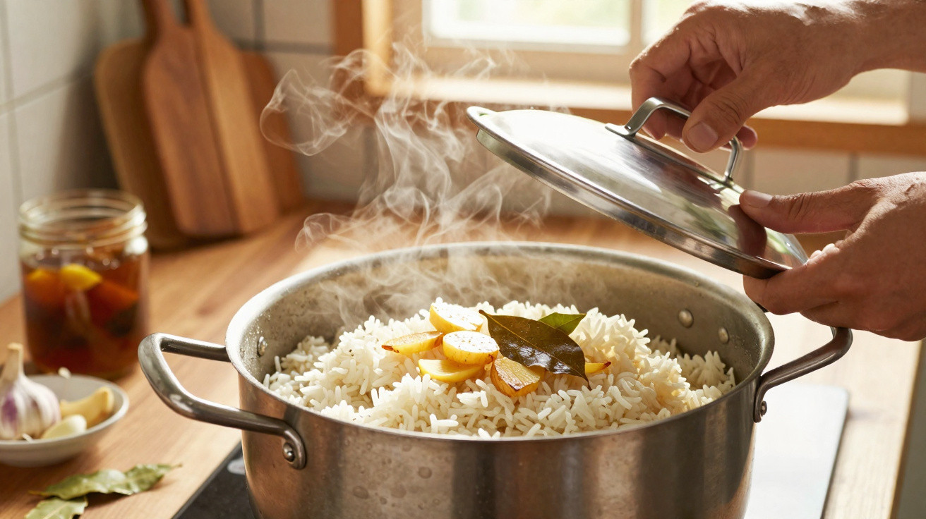 Mãos a levantar tampa de panela com arroz fumegante e especiarias numa cozinha iluminada.