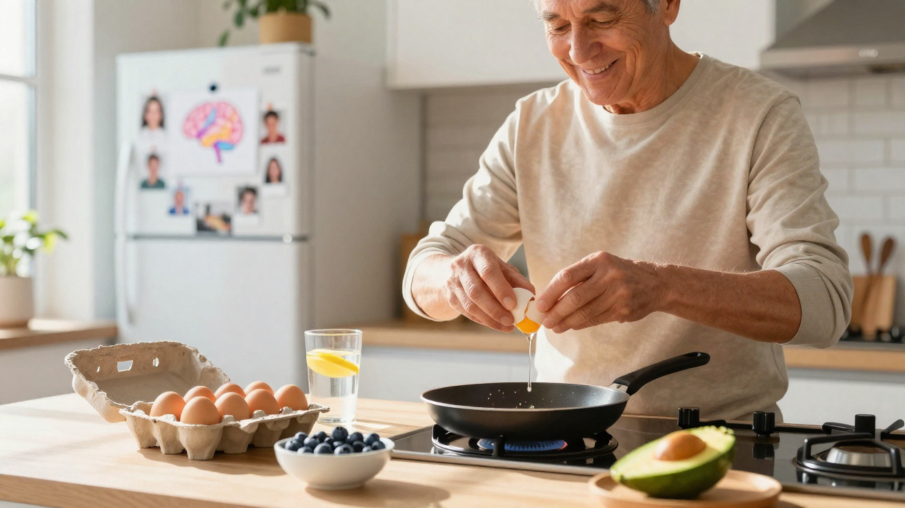 Idoso a partir ovos numa frigideira na cozinha, rodeado de alimentos saudáveis como abacate e mirtilos.