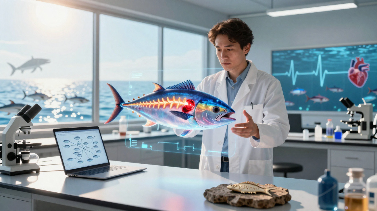 Cientista em laboratório interage com imagem holográfica de peixe e equipamento científico em fundo marinho.