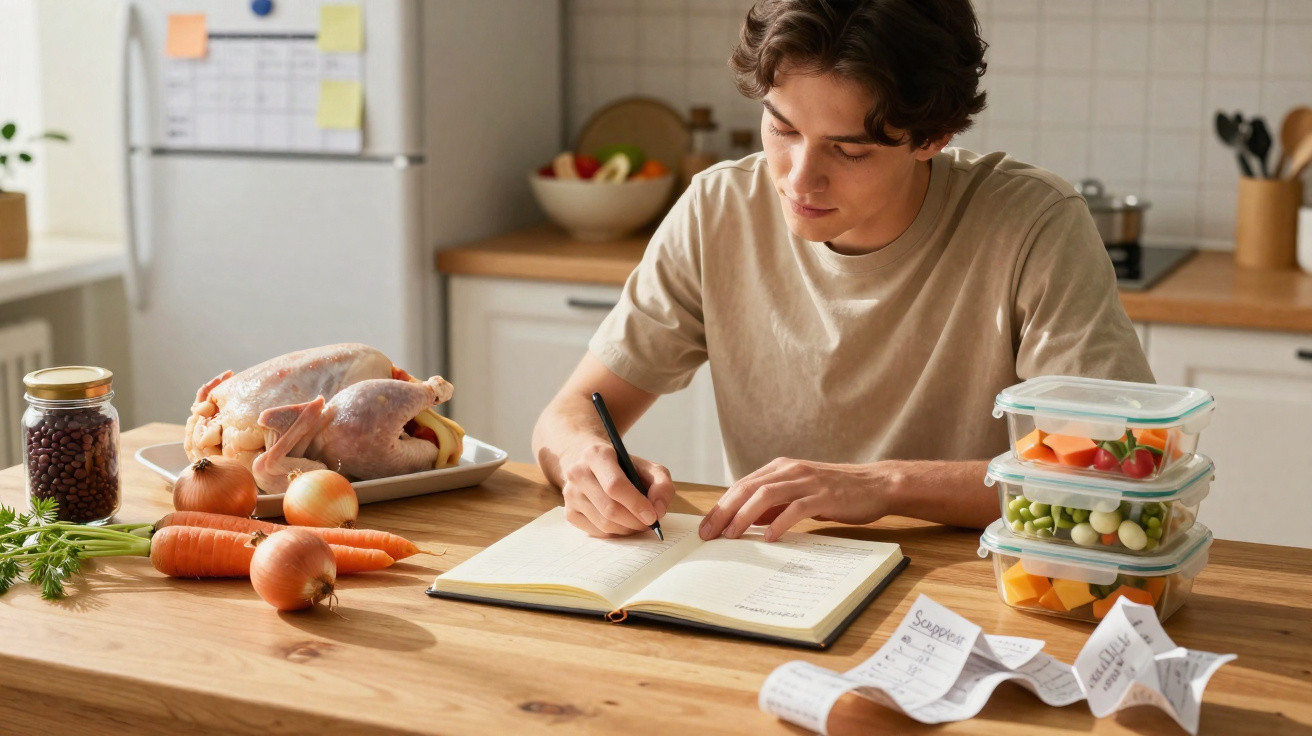 Jovem a planear refeições numa cozinha com legumes, frango cru e recipientes de comida saudável.
