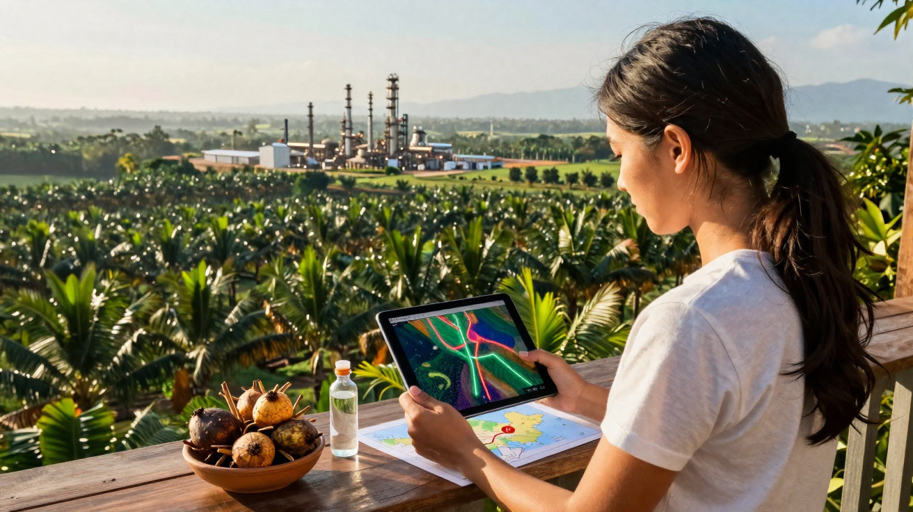 Mulher observa dados em tablet com paisagem de plantação e indústria ao fundo, ao ar livre.