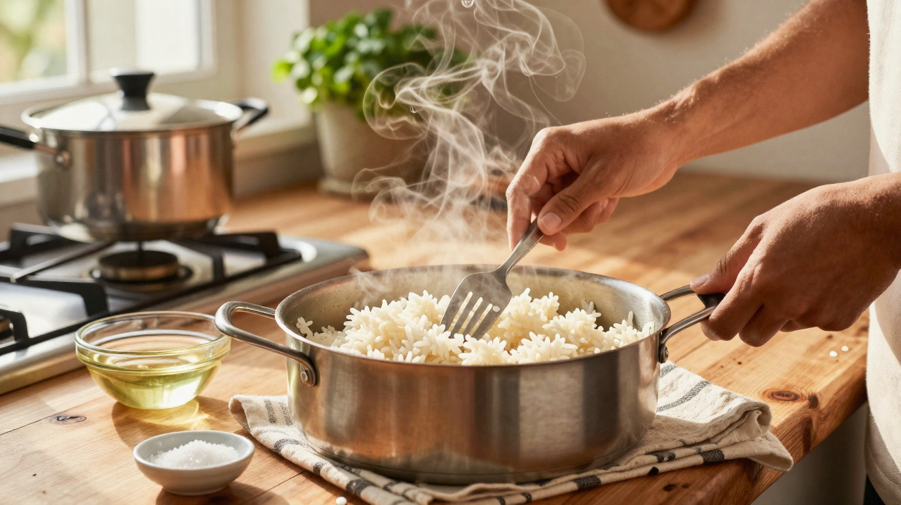 Mãos a mexer arroz quente e fumegante numa panela de inox numa cozinha iluminada.