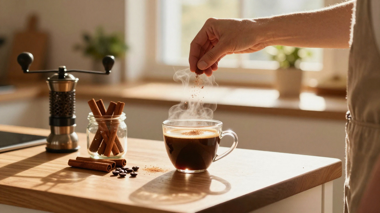 Mão polvilhando canela num café fumegante num copo transparente numa cozinha iluminada.