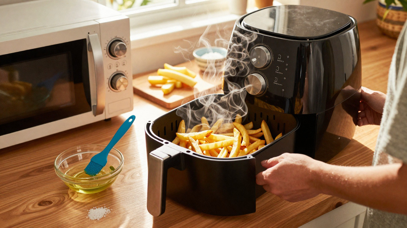 Pessoa a retirar batatas fritas fumegantes de uma fritadeira de ar numa cozinha com micro-ondas ao fundo.