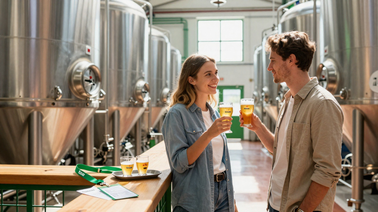 Casal a brindar com copos de cerveja numa cervejaria industrial com tanques de inox ao fundo.
