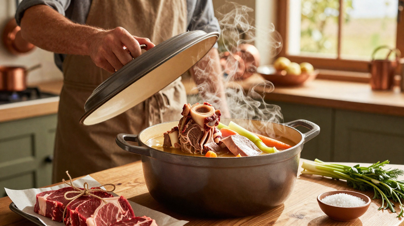 Pessoa a levantar a tampa de panela com carne e legumes a cozinhar, numa cozinha luminosa com ingredientes frescos.