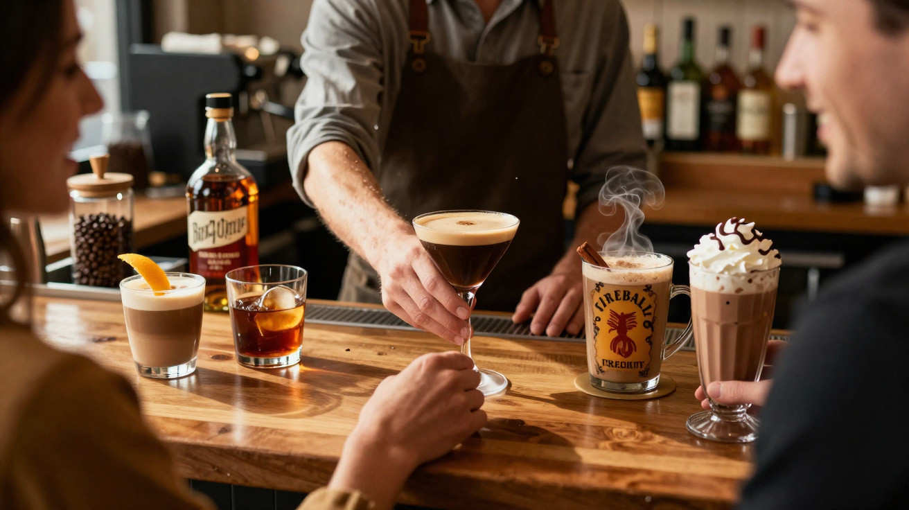 Pessoa num bar recebe cocktail de café num copo de cocktail, com várias bebidas à vista sobre o balcão de madeira.