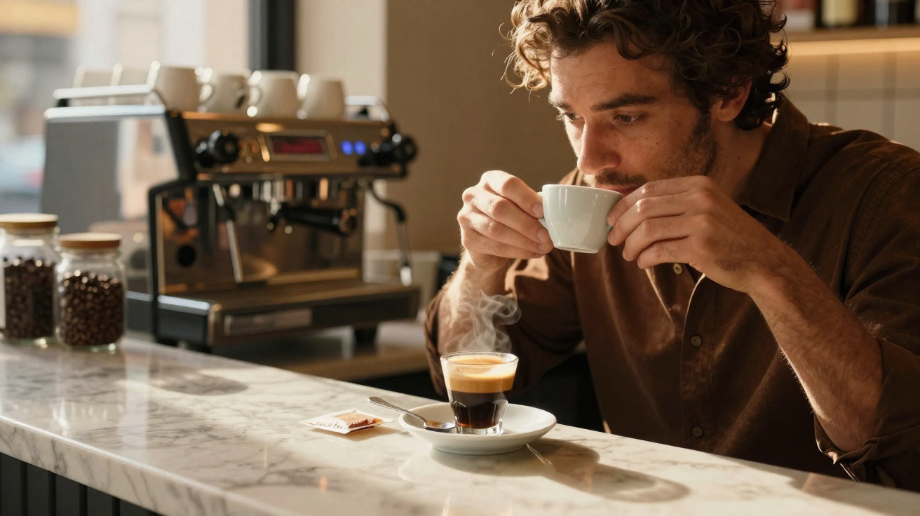 Homem a beber café numa chávena pequena num café com máquina de café expresso ao fundo.