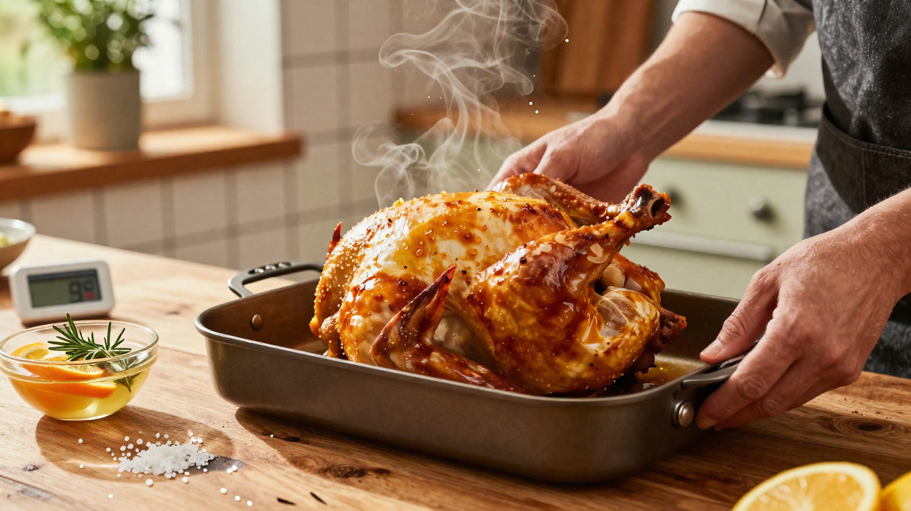 Frango assado quente com pele dourada a ser retirado do tabuleiro por duas mãos na cozinha.