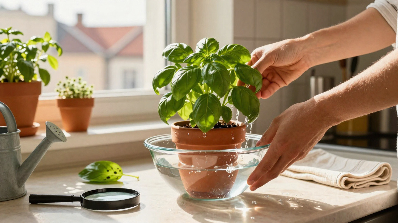 Mãos a mergulhar planta de manjericão em vaso de barro num recipiente com água na cozinha iluminada.