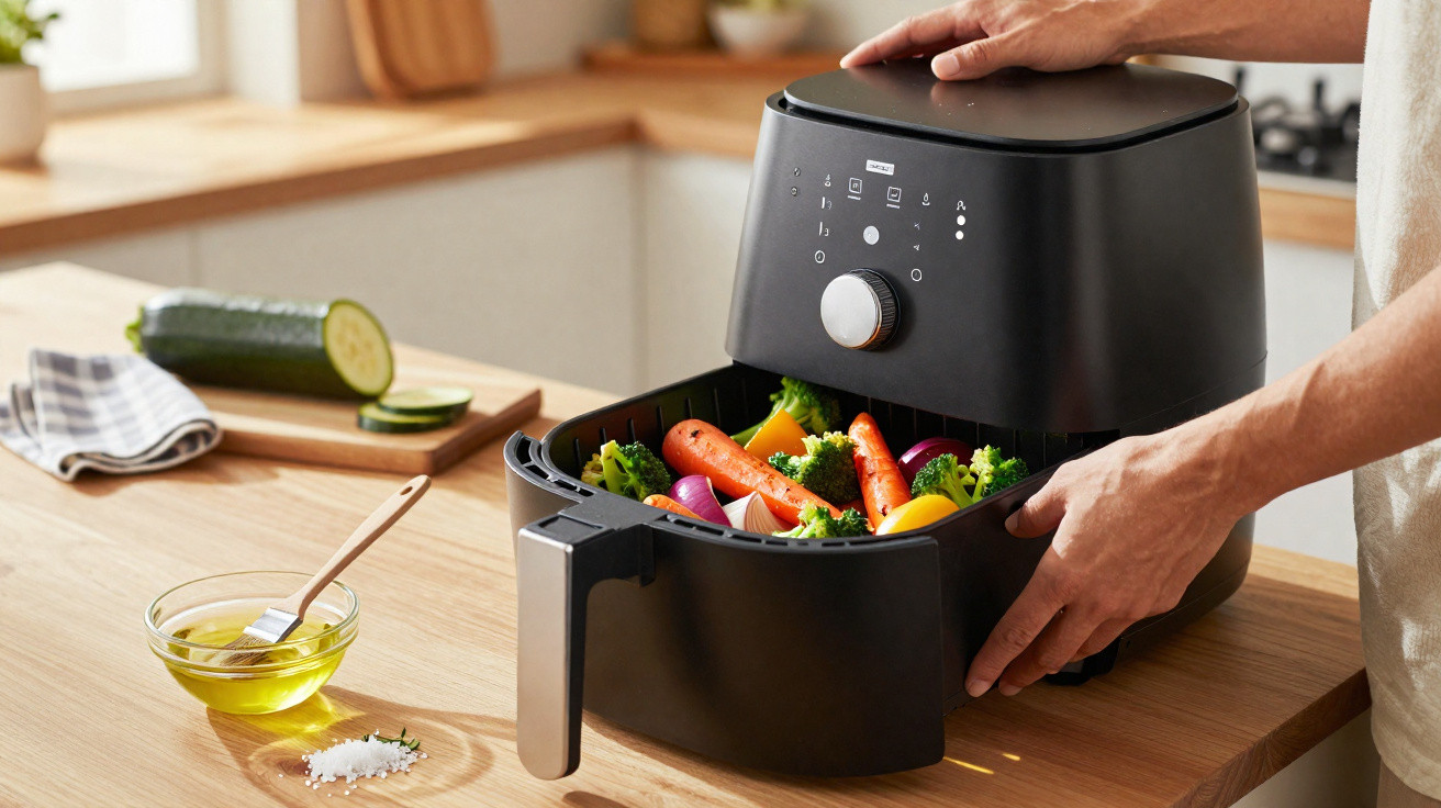 Pessoa a preparar legumes numa fritadeira elétrica preta numa cozinha moderna.