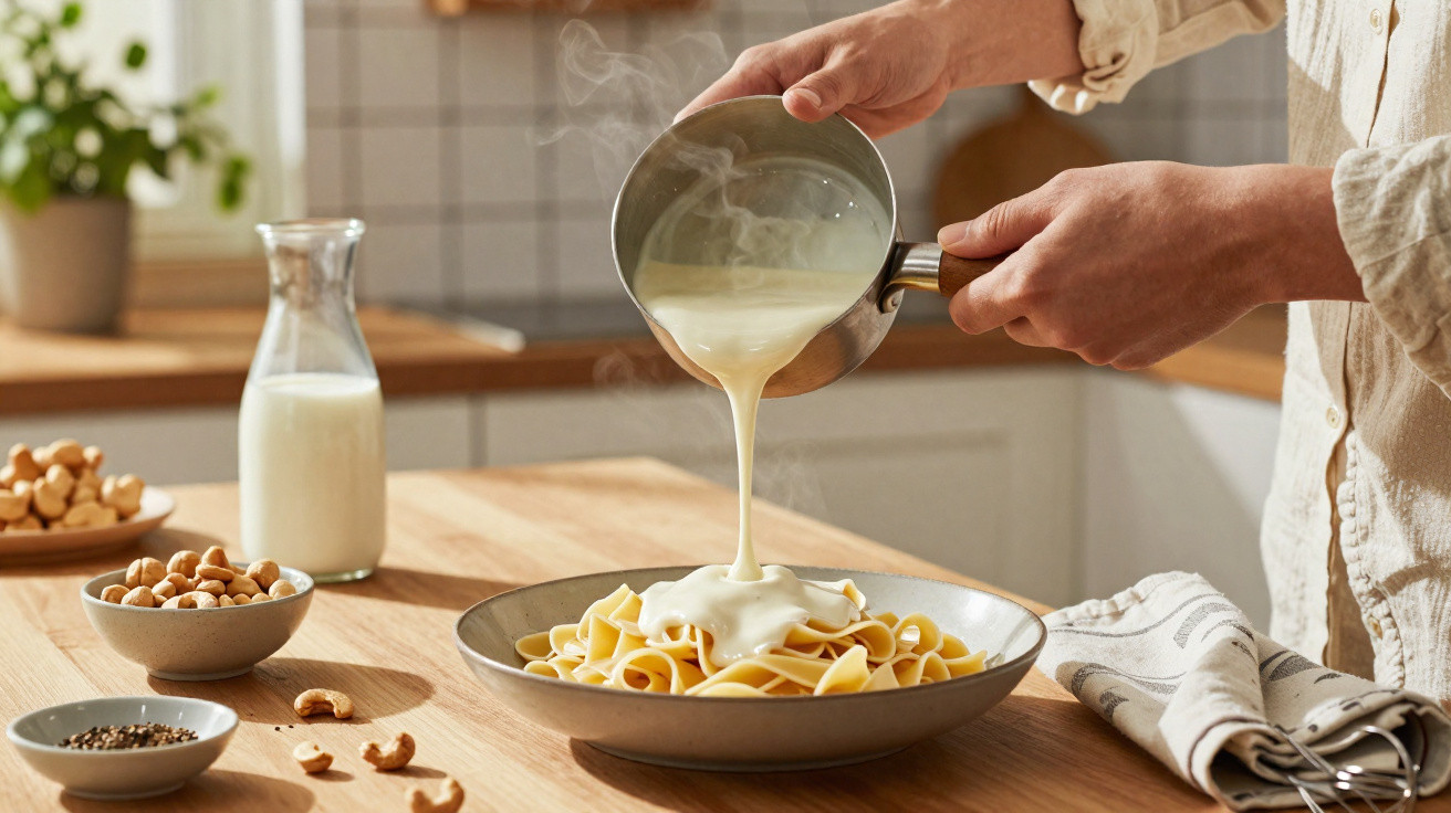 Pessoa a verter molho cremoso quente sobre massa tagliatelle numa tigela cinzenta numa cozinha moderna.