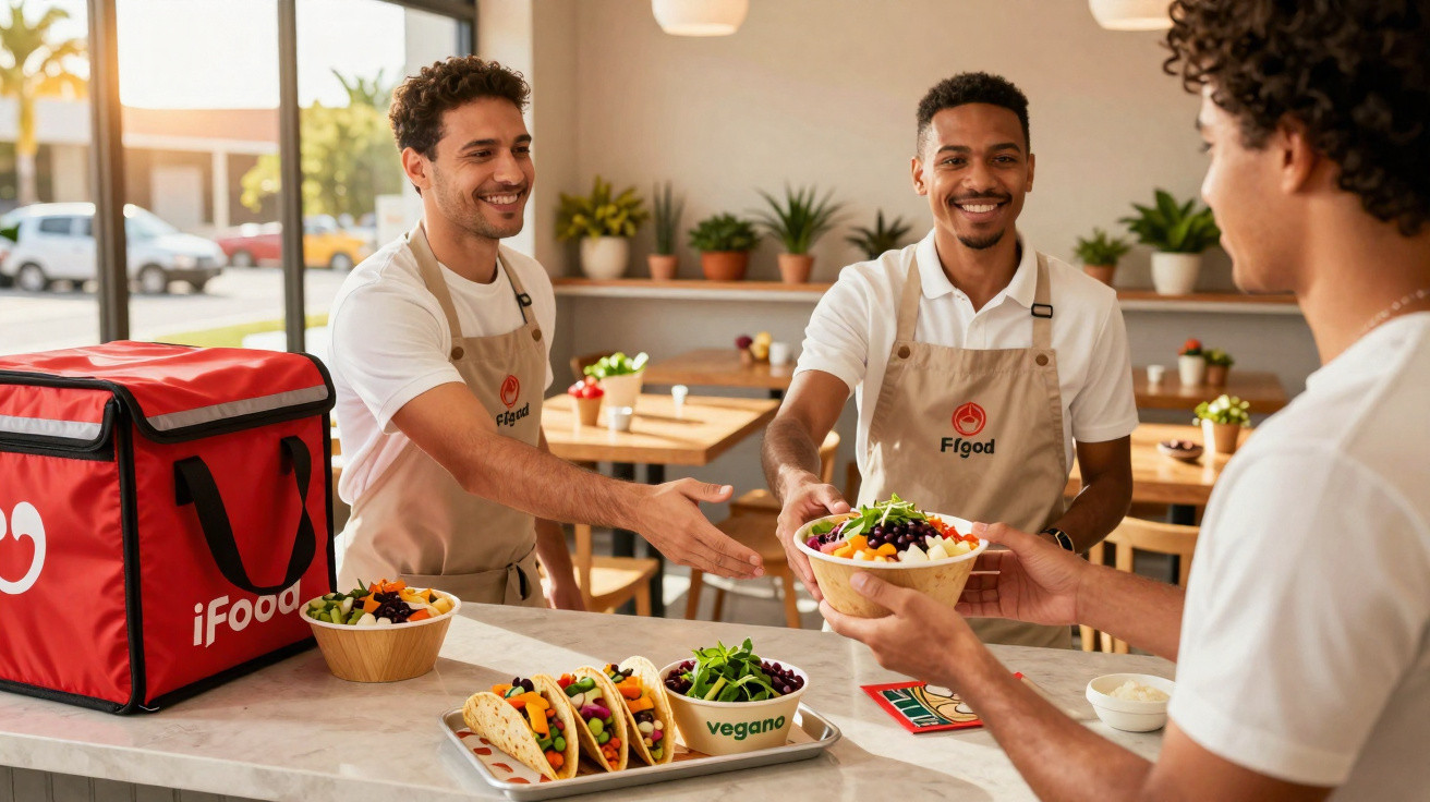 Dois empregados de restaurante entregam comida saudável a um cliente com sacola de entrega iFood ao lado.