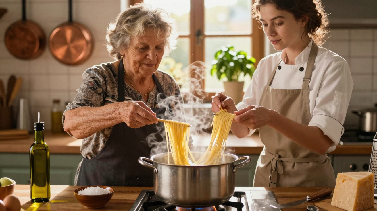 Duas mulheres a cozinhar massa numa cozinha acolhedora, com vapor a sair da panela.