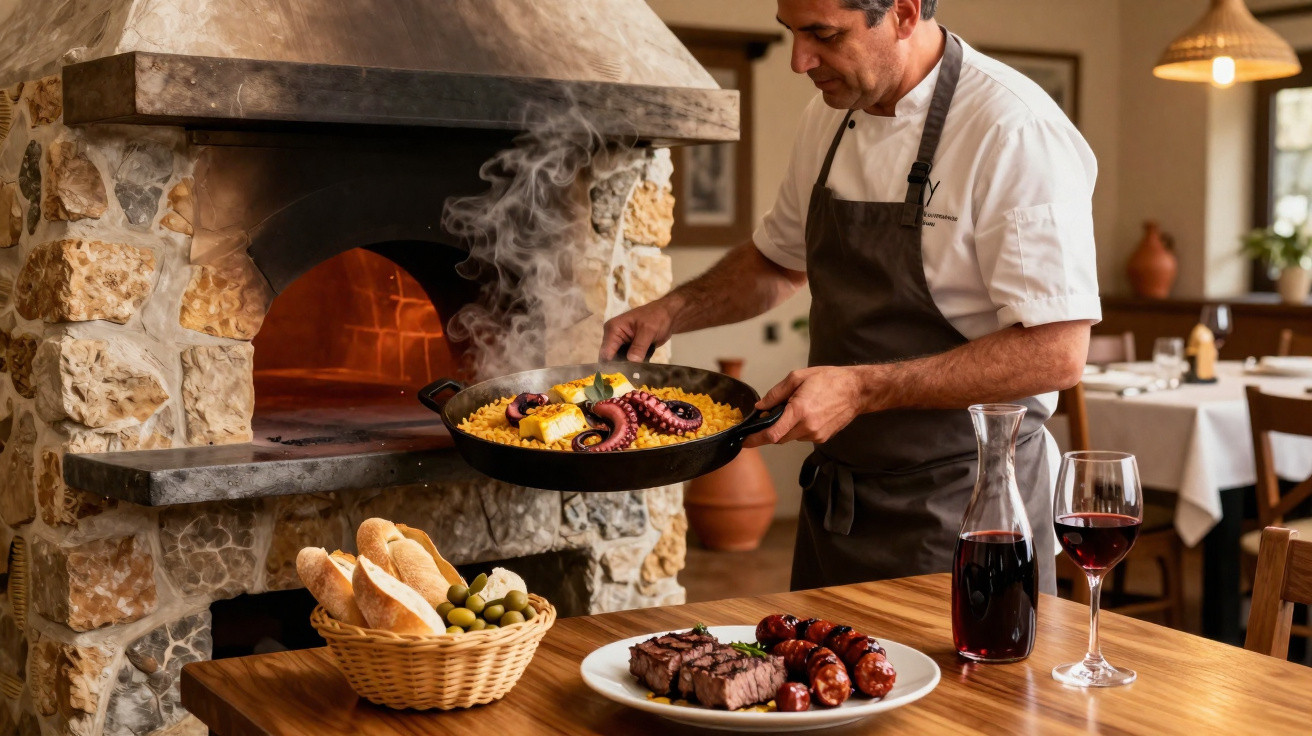 Chef a servir paelha com polvo à frente de forno a lenha, com mesa com carne, pão, azeitonas e vinho tinto.