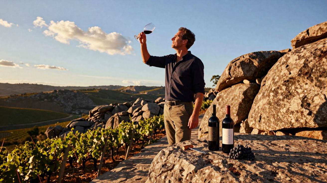 Homem a analisar vinho tinto num copo, rodeado por garrafas, uvas e vinha ao pôr do sol.
