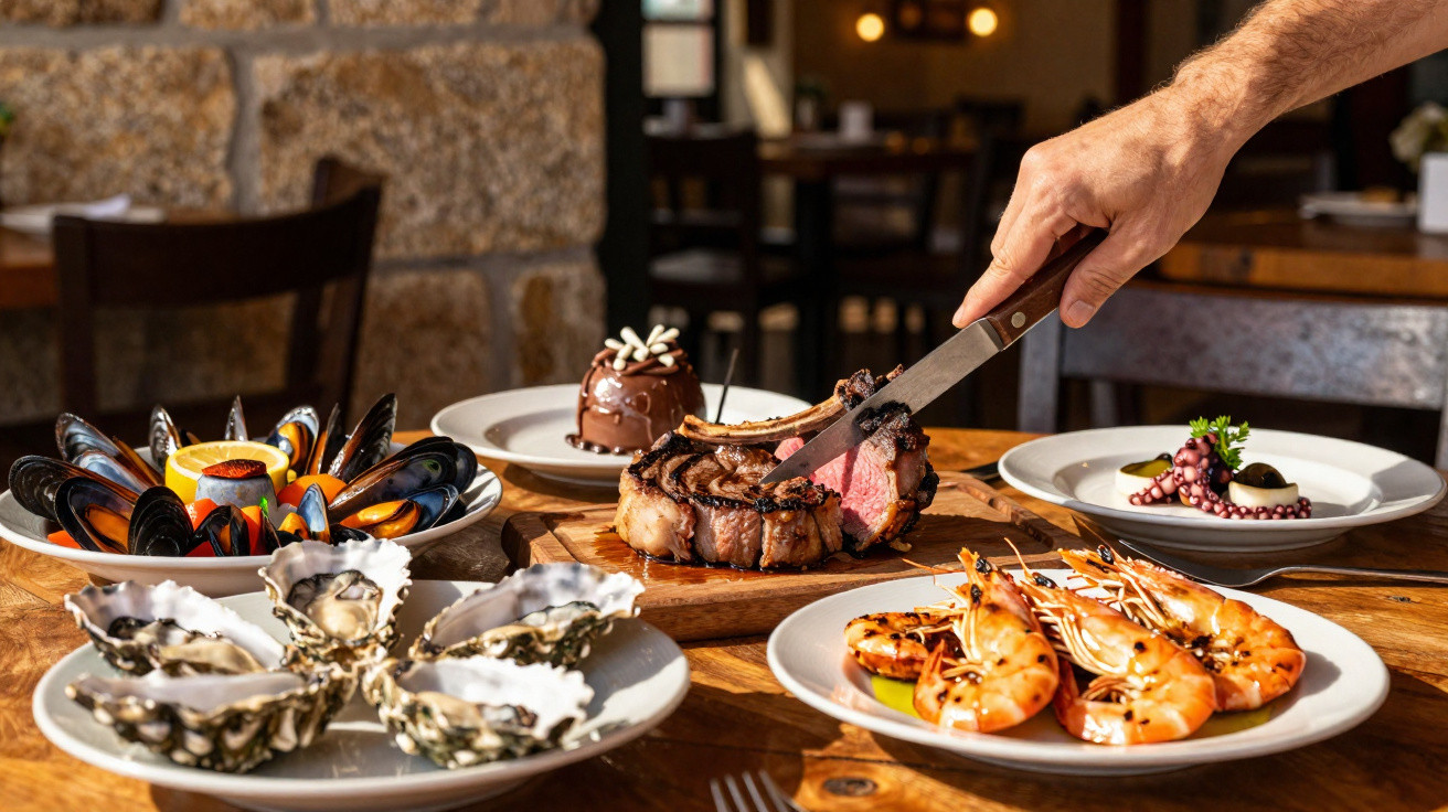 Mesa com marisco, carne grelhada e sobremesa num ambiente rústico de restaurante.