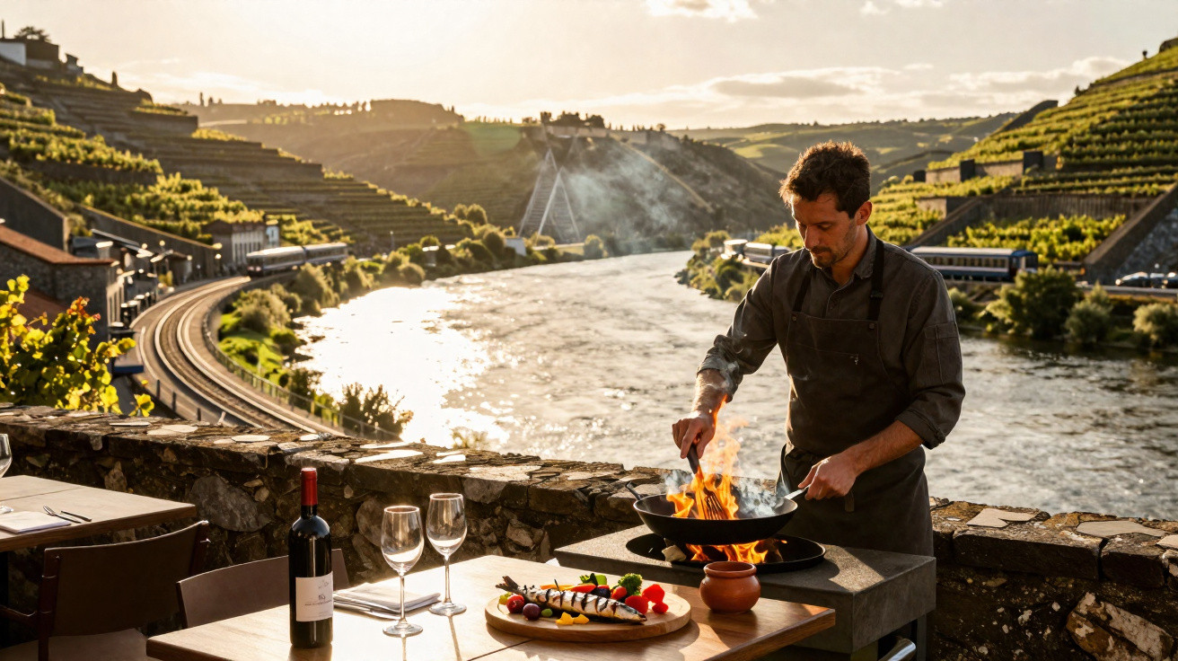 Chef a cozinhar com fogo num restaurante à beira de um rio em zona vinícola com vinhas nas encostas.