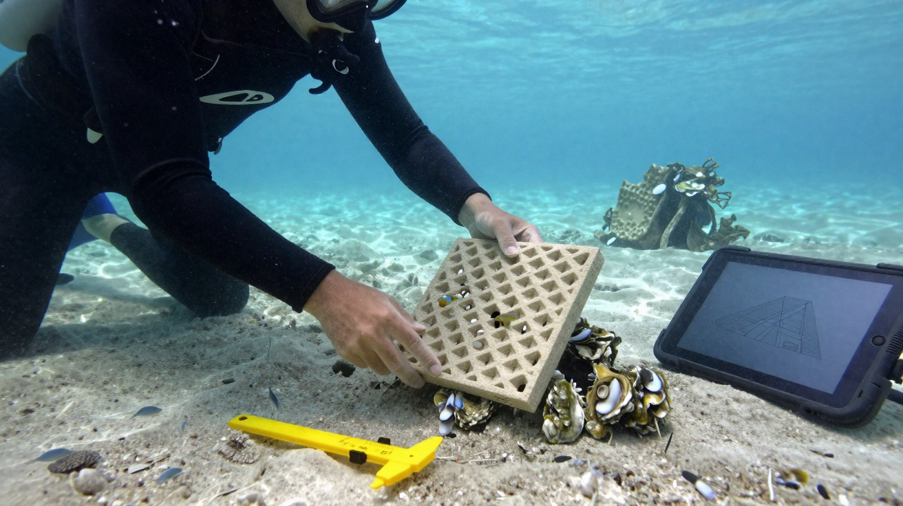 Mergulhador a instalar estrutura para cultivo marinho no fundo do mar com tablet e ferramenta amarela.