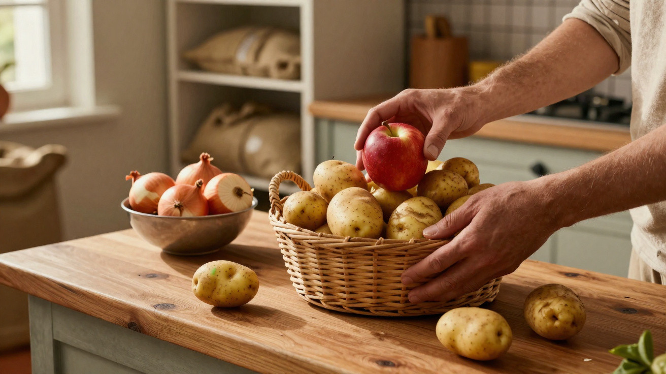 Pessoa a colocar uma maçã numa cesta cheia de batatas numa cozinha com cebolas numa taça ao fundo.