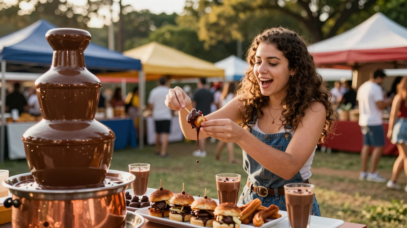 Mulher jovem a mergulhar comida em fonte de chocolate num evento ao ar livre com barracas coloridas ao fundo.