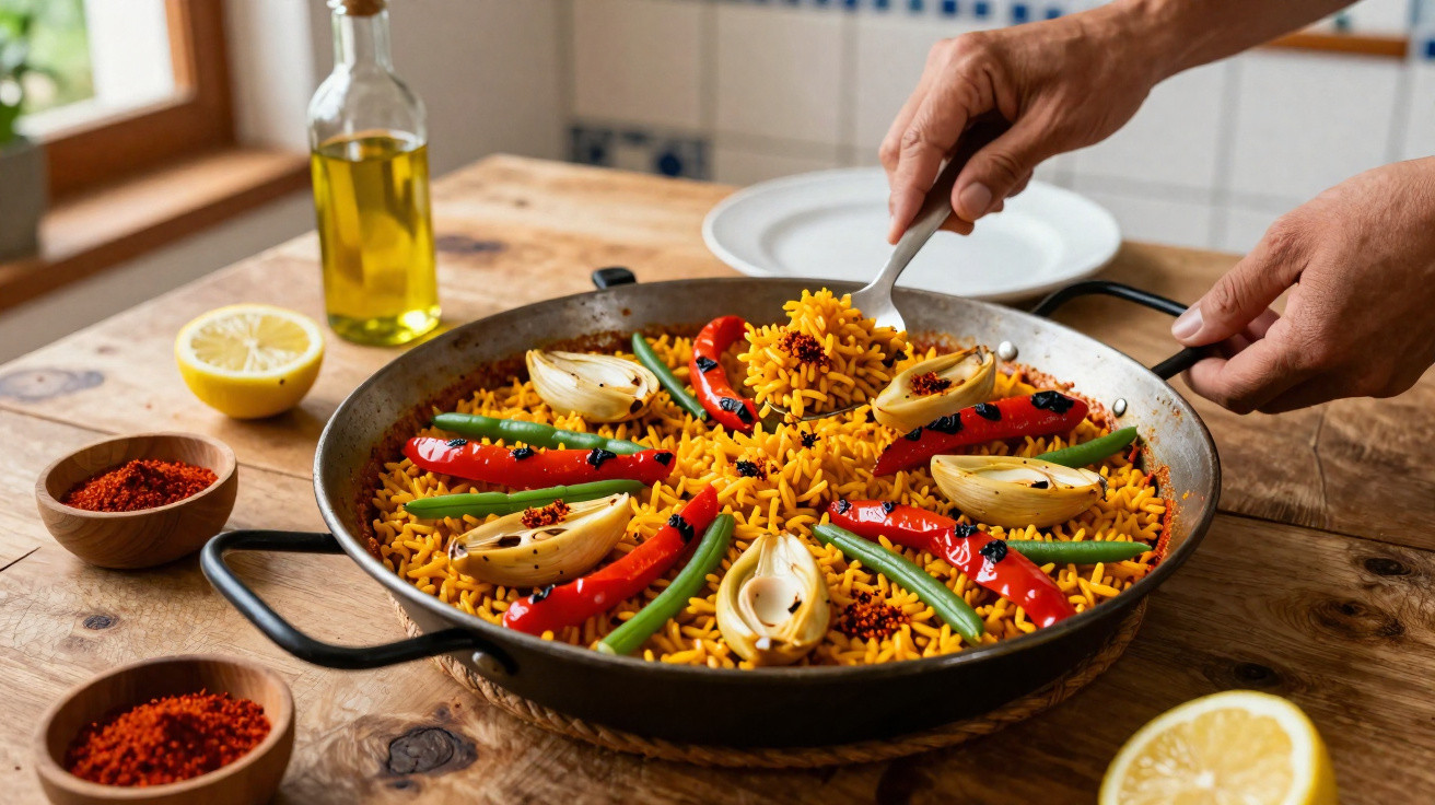 Mãos a servir paelha vegetariana com arroz amarelo, pimentos, feijão verde e cebola assada numa frigideira grande.